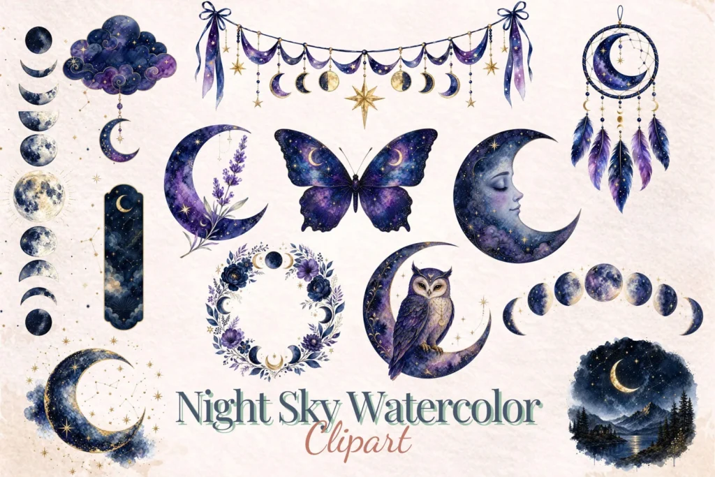 Night Sky Watercolor Clipart Bundle, Celestial Moon Stars for Planners and Nursery Cliparts digital download preview by Cute & Co.