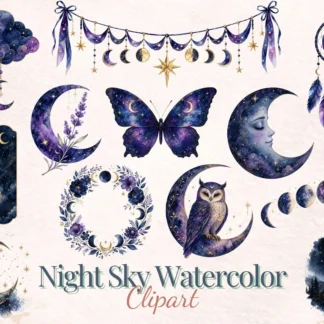 Night Sky Watercolor Clipart Bundle, Celestial Moon Stars for Planners and Nursery Cliparts digital download preview by Cute & Co.