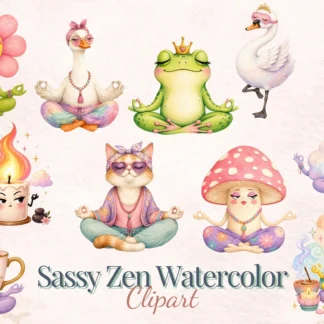 Sassy Zen Watercolor Clipart Bundle, Funny Self Care Yoga PNG