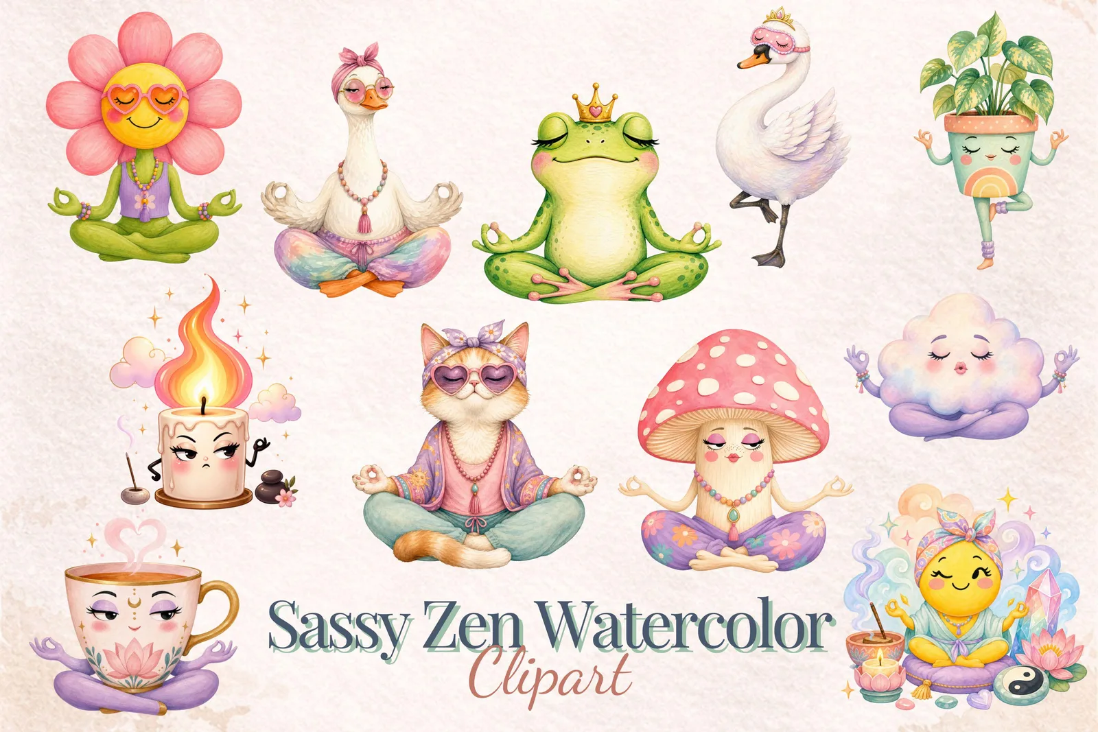 Sassy Zen Watercolor Clipart Bundle, Funny Self Care Yoga PNG Cliparts digital download preview by Cute & Co.