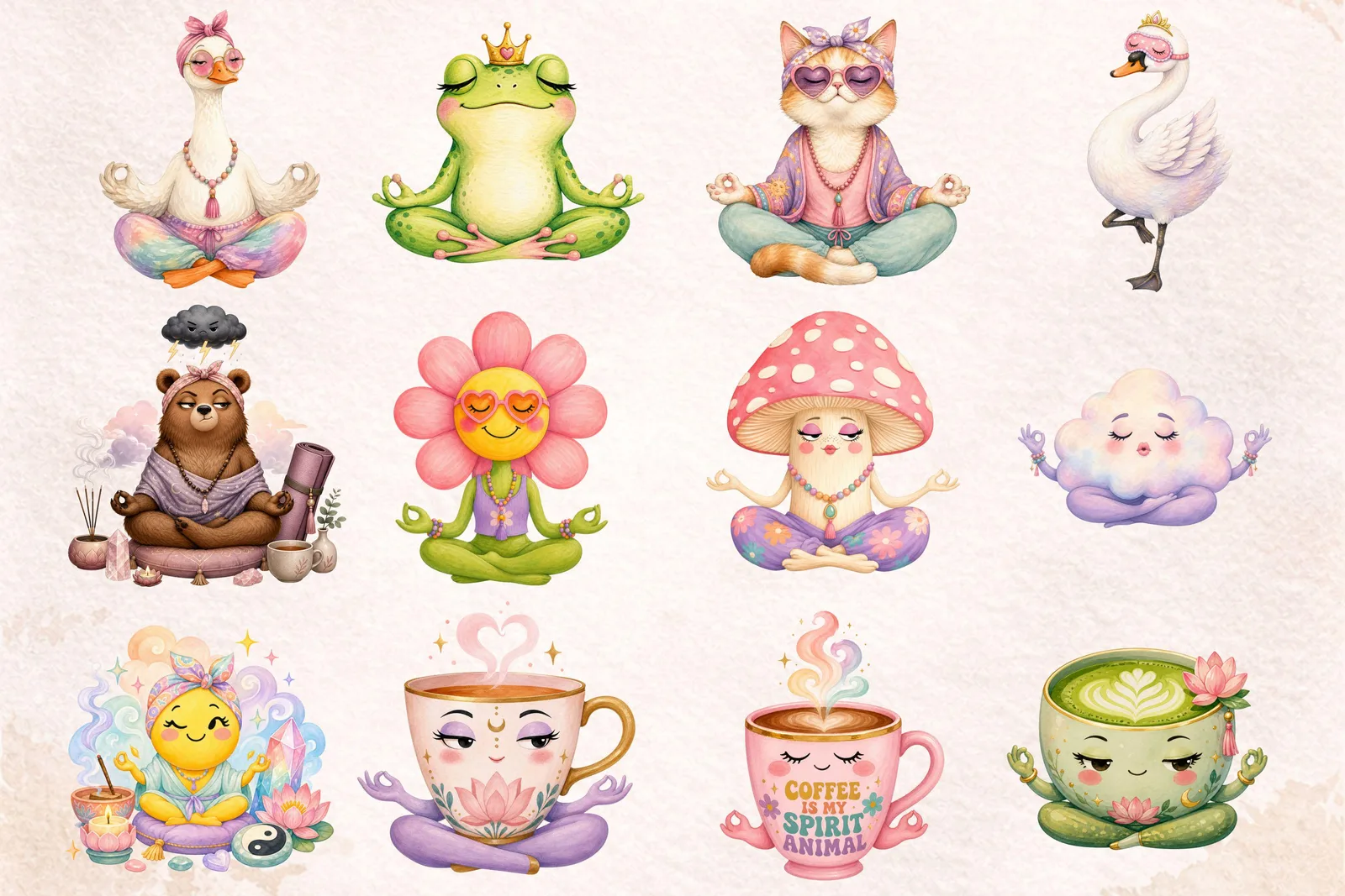 Sassy Zen Watercolor Clipart Bundle, Funny Self Care Yoga PNG Cliparts digital download preview by Cute & Co.