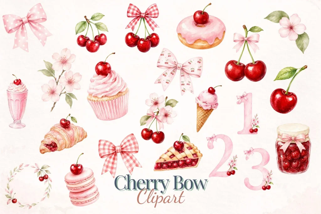 Cherry Bow Clipart Bundle, Coquette Cherries, Watercolor Numbers and Bows Cliparts digital download preview by Cute & Co.
