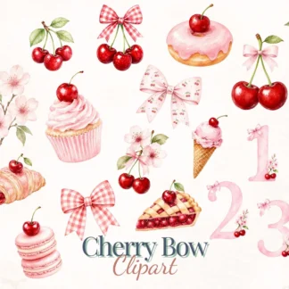 Cherry Bow Clipart Bundle, Coquette Cherries, Watercolor Numbers and Bows