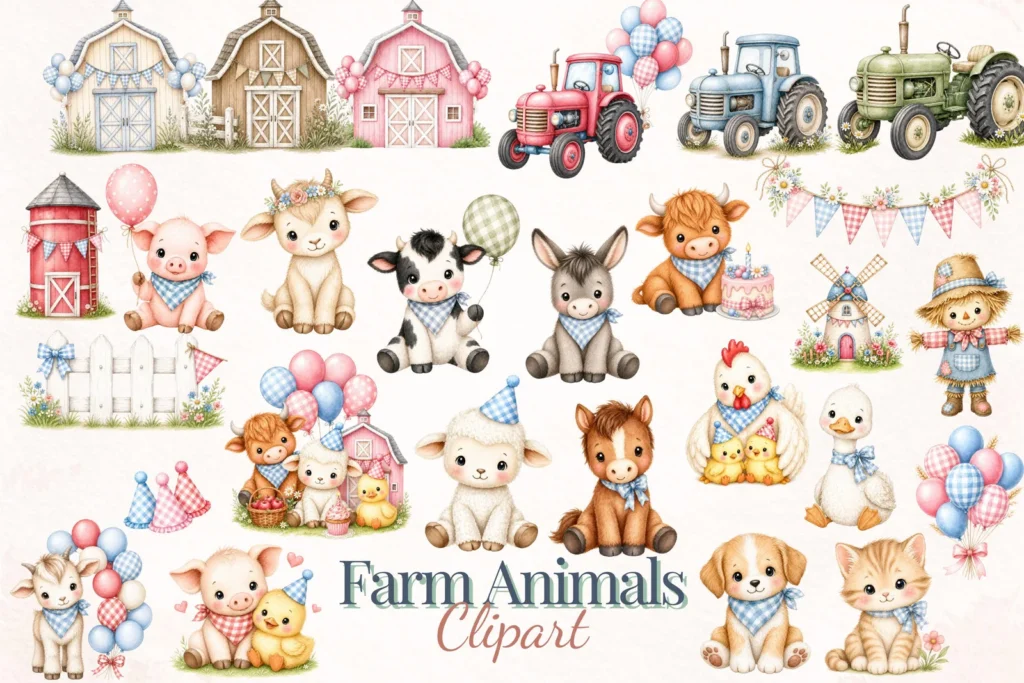 Farm Animal Watercolor Clipart Bundle, Barnyard Birthday Party Nursery PNG for Invitations Decor Crafts Cliparts digital download preview by Cute & Co.