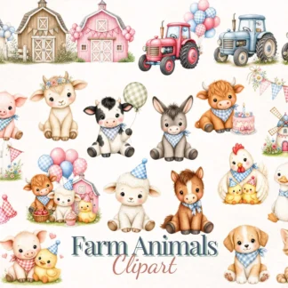 Farm Animal Watercolor Clipart Bundle, Barnyard Birthday Party Nursery PNG for Invitations Decor Crafts