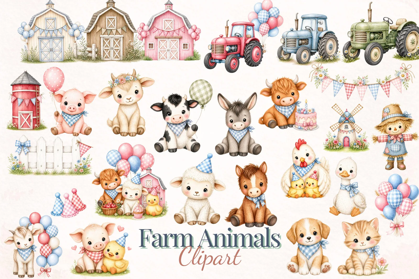 Farm Animal Watercolor Clipart Bundle, Barnyard Birthday Party Nursery PNG for Invitations Decor Crafts Cliparts digital download preview by Cute & Co.