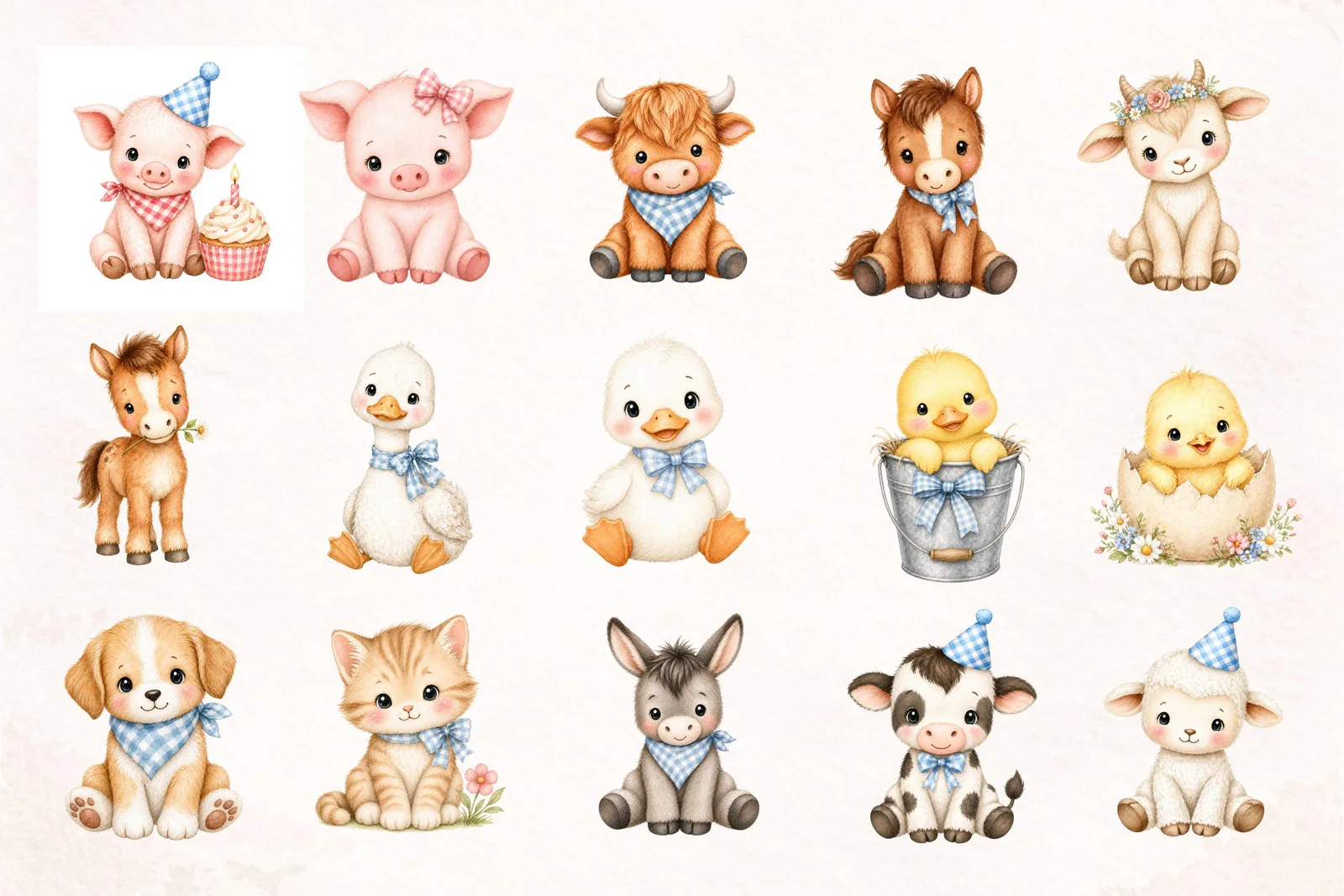 Farm Animal Watercolor Clipart Bundle, Barnyard Birthday Party Nursery PNG for Invitations Decor Crafts