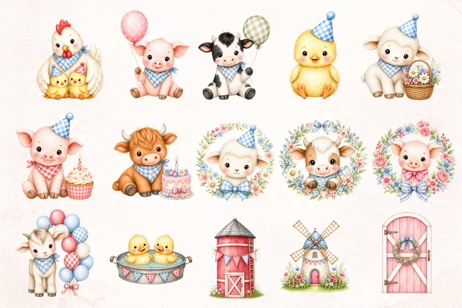 Farm Animal Watercolor Clipart Bundle, Barnyard Birthday Party Nursery PNG for Invitations Decor Crafts