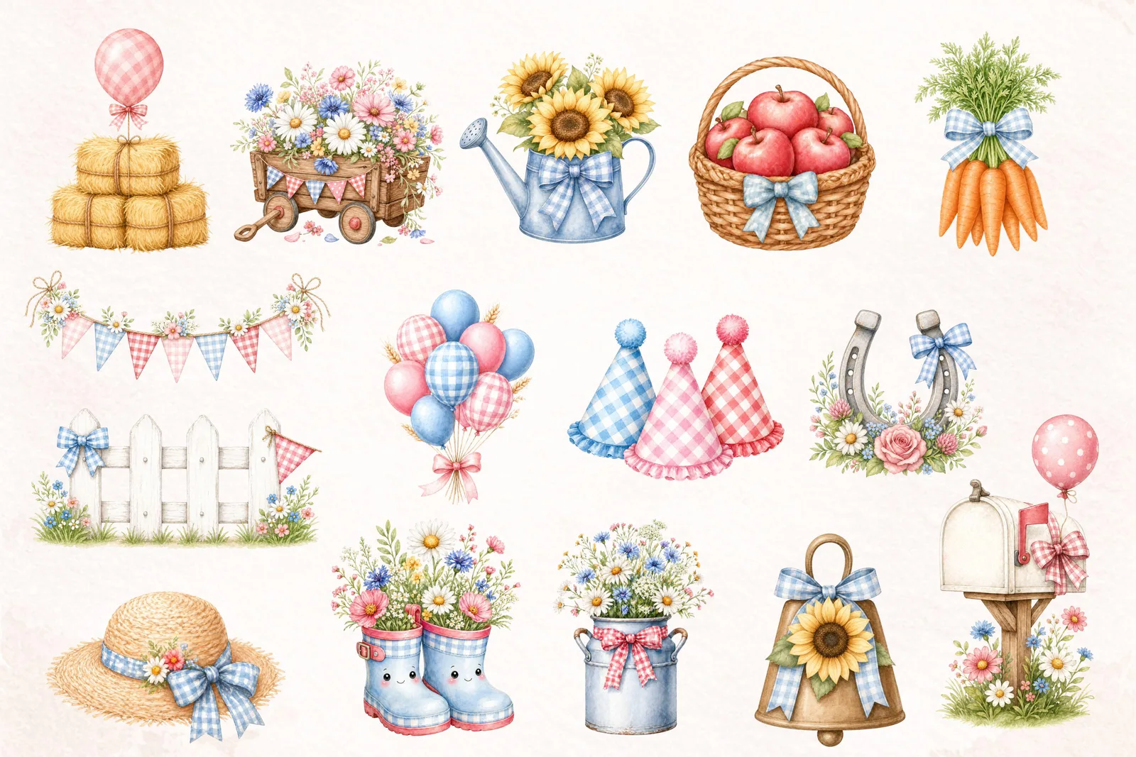 Farm Animal Watercolor Clipart Bundle, Barnyard Birthday Party Nursery PNG for Invitations Decor Crafts