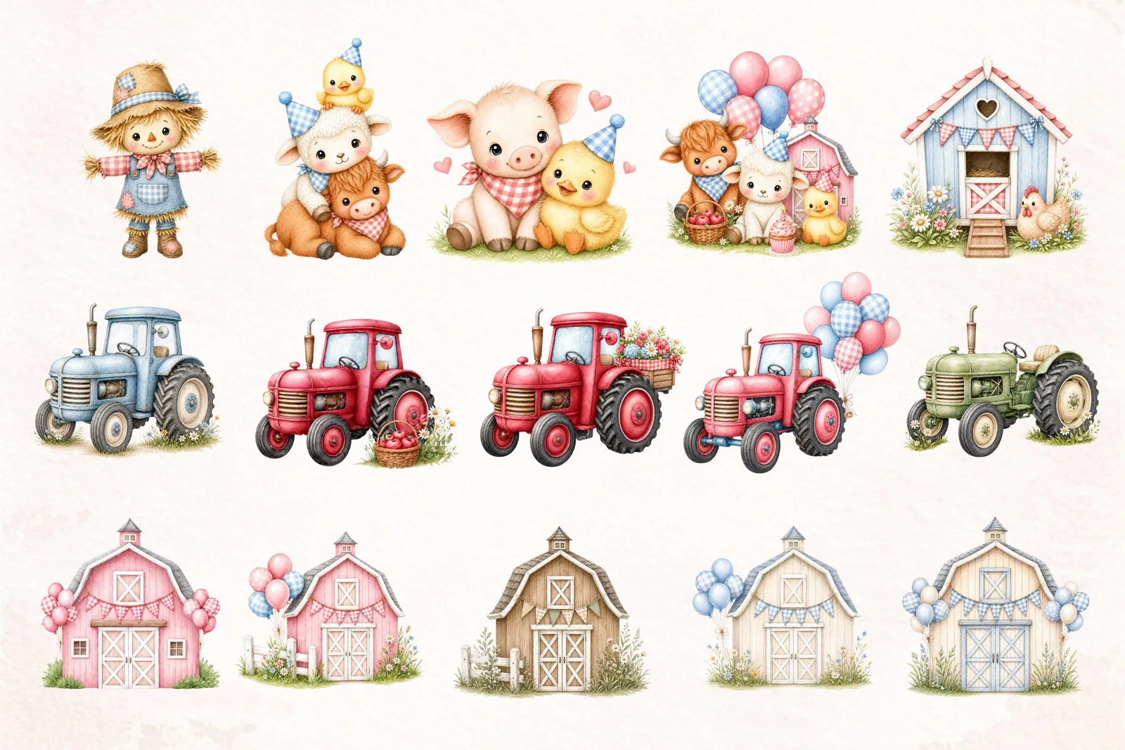 Farm Animal Watercolor Clipart Bundle, Barnyard Birthday Party Nursery PNG for Invitations Decor Crafts
