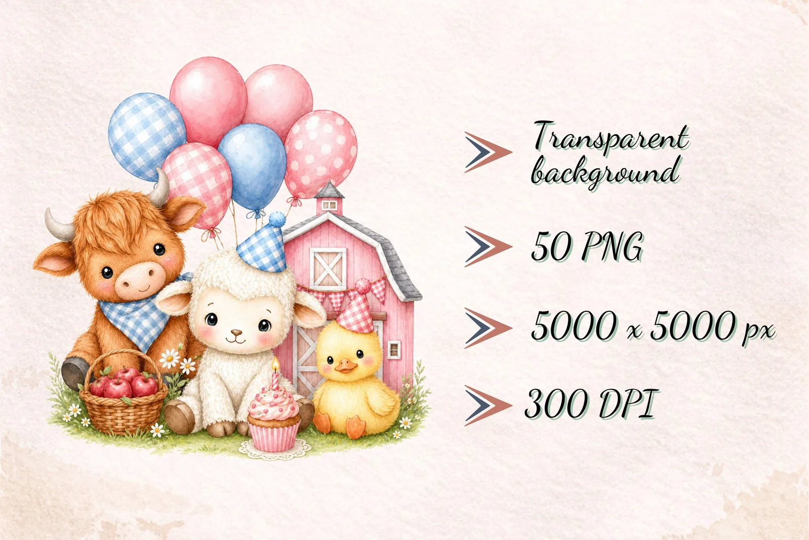 Farm Animal Watercolor Clipart Bundle, Barnyard Birthday Party Nursery PNG for Invitations Decor Crafts