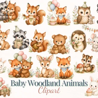 Baby Woodland Animals PNG Clipart Bundle, Forest Nursery Elements Set with Wreaths Florals Mushrooms
