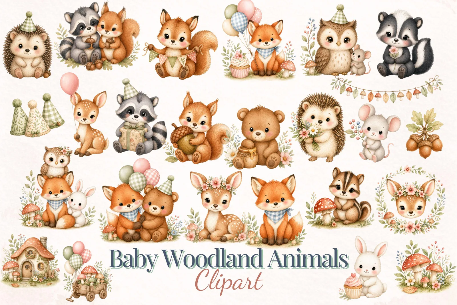 Baby Woodland Animals PNG Clipart Bundle, Forest Nursery Elements Set with Wreaths Florals Mushrooms