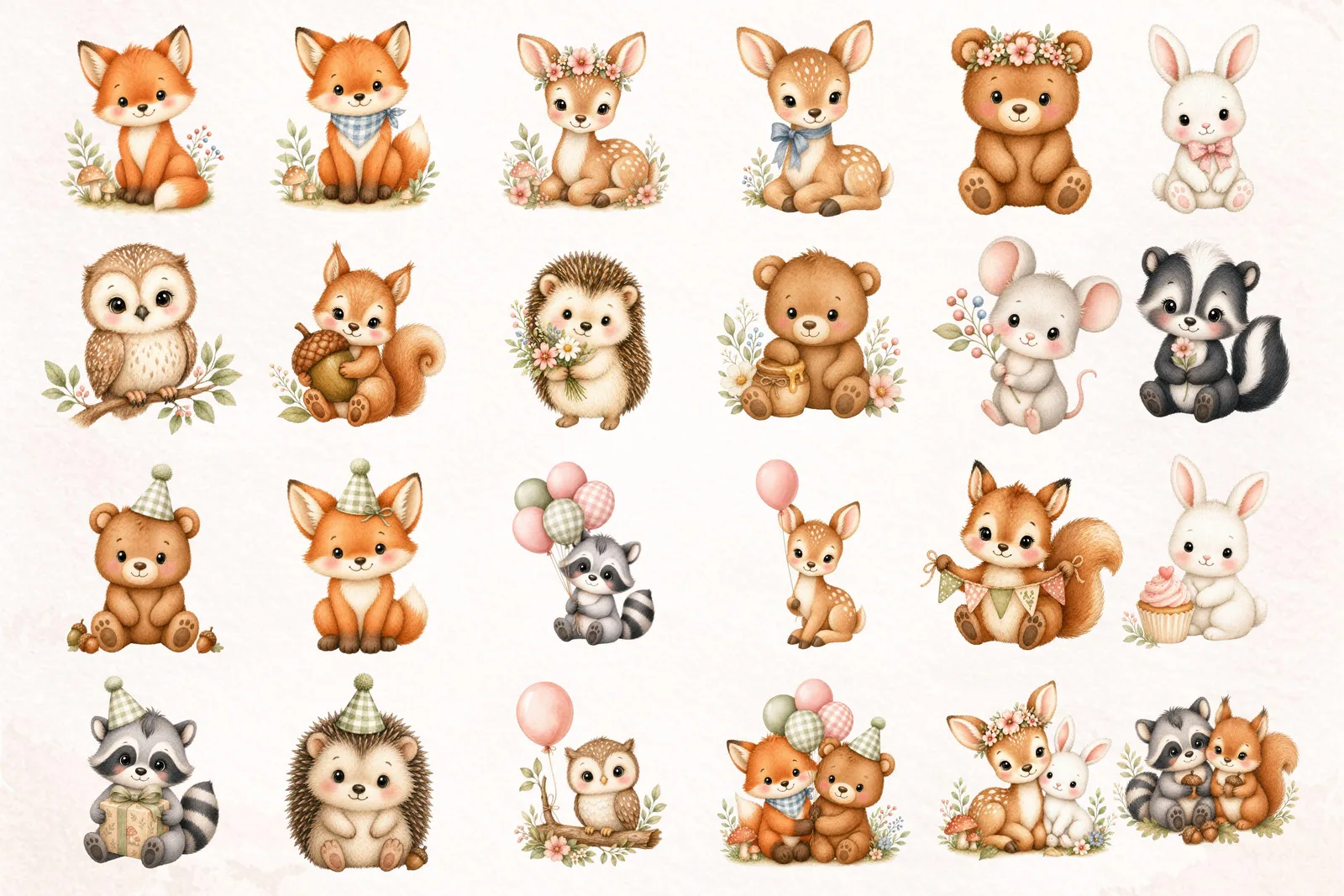 Baby Woodland Animals PNG Clipart Bundle, Forest Nursery Elements Set with Wreaths Florals Mushrooms