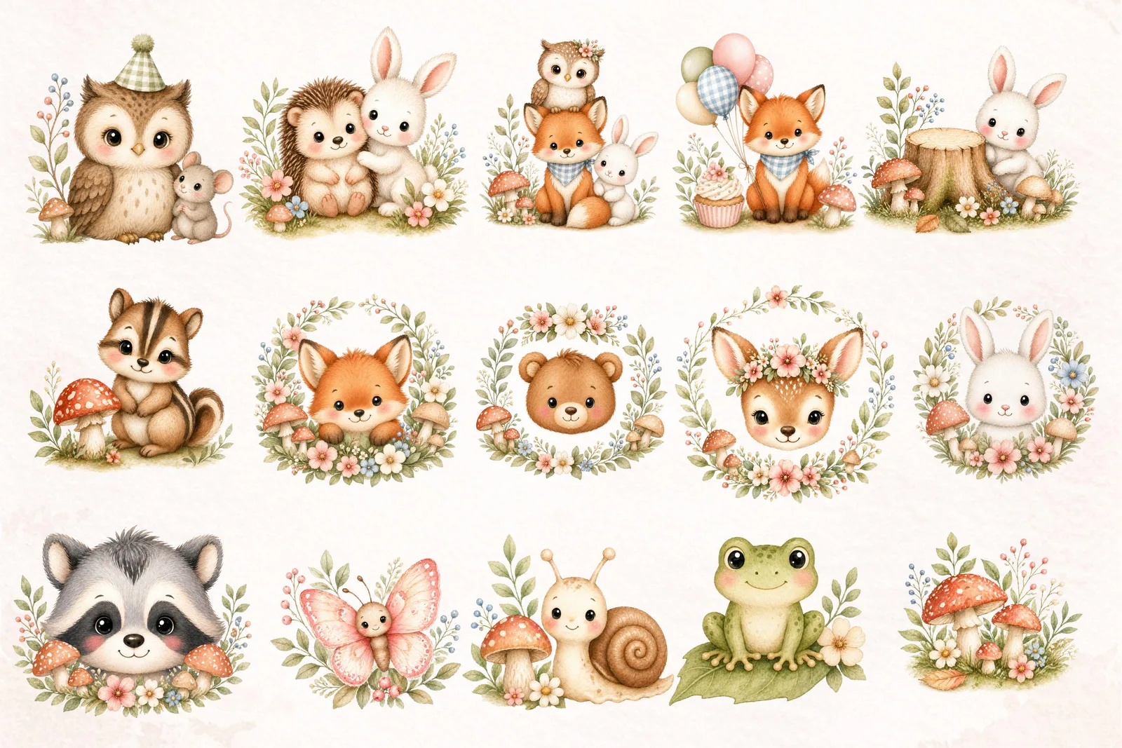 Baby Woodland Animals PNG Clipart Bundle, Forest Nursery Elements Set with Wreaths Florals Mushrooms