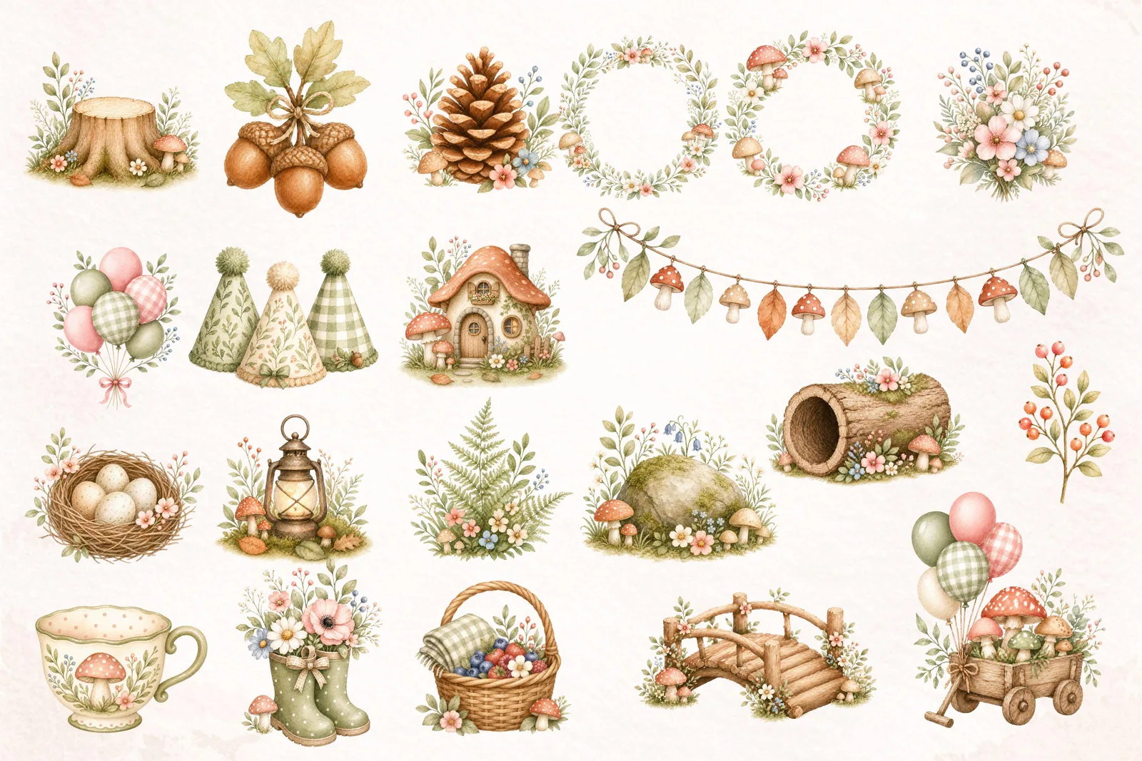 Baby Woodland Animals PNG Clipart Bundle, Forest Nursery Elements Set with Wreaths Florals Mushrooms