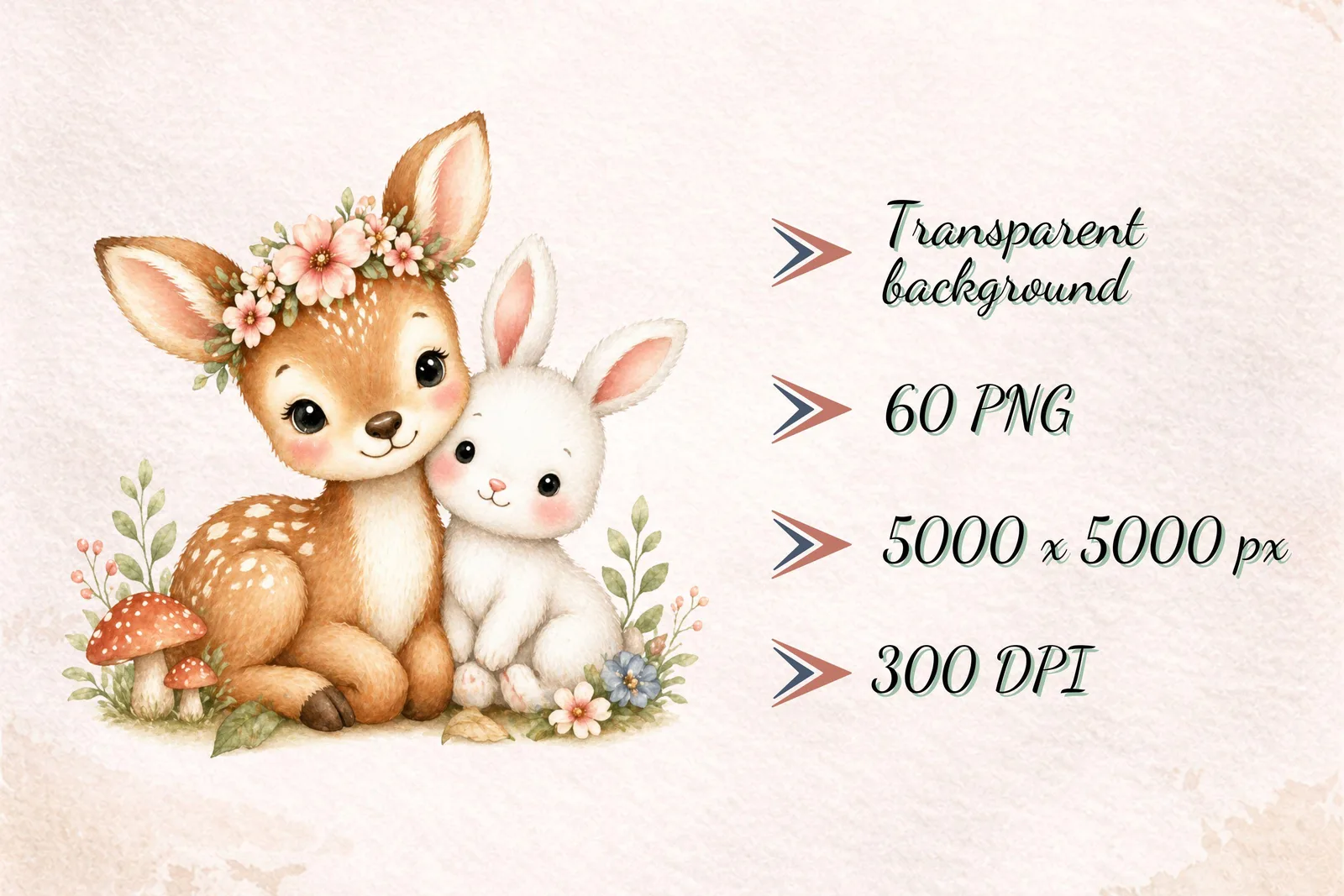 Baby Woodland Animals PNG Clipart Bundle, Forest Nursery Elements Set with Wreaths Florals Mushrooms