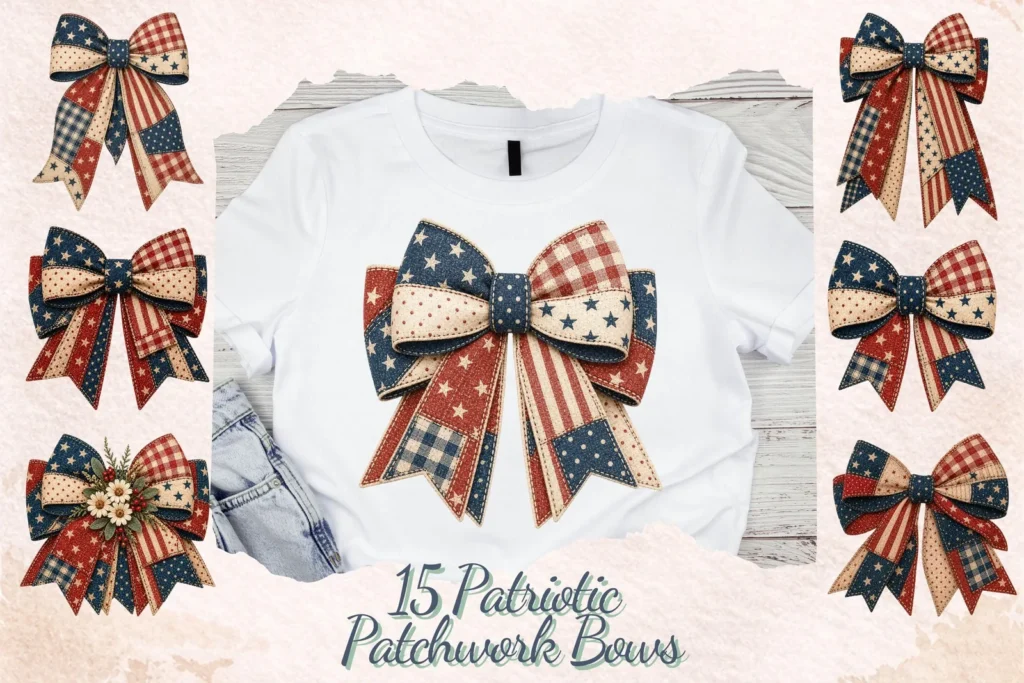 Patriotic Patchwork Bow PNG Bundle, 4th of July Coquette Clipart, Independence Sublimation Cliparts digital download preview by Cute & Co.