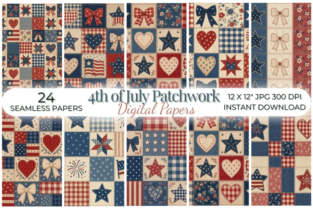 4th of July Faux Patchwork Digital Paper Patriotic Quilt Scrapbook Patterns Digital Papers digital download preview by Cute & Co.