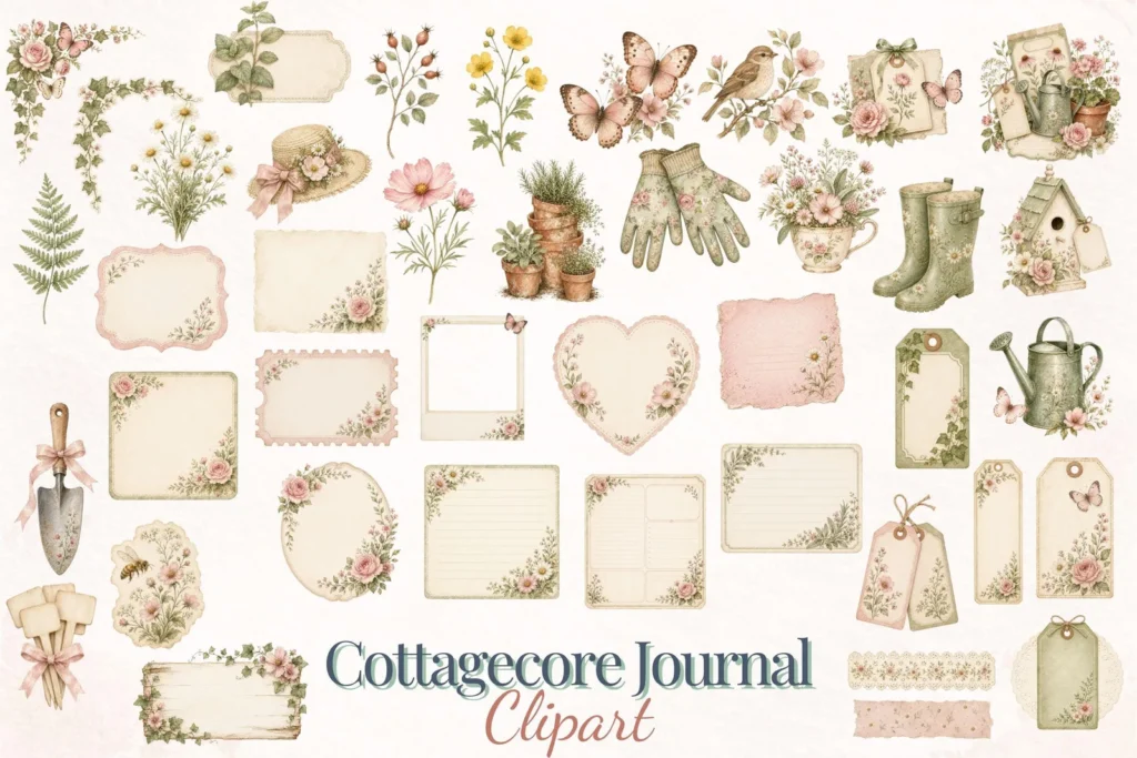 Cottagecore Journal Clipart Bundle, Garden Planner Ephemera PNG Cliparts digital download preview by Cute & Co.