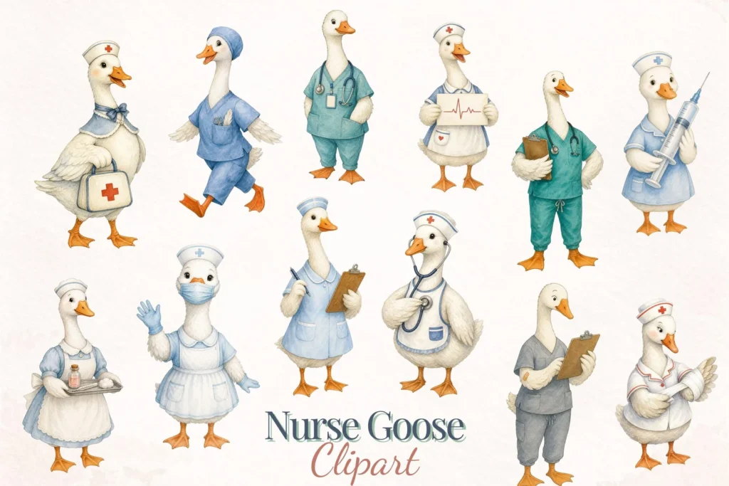 Nurse Goose Clipart Bundle, Medical Profession PNG, Healthcare Teacher Appreciation Graphics Cliparts digital download preview by Cute & Co.