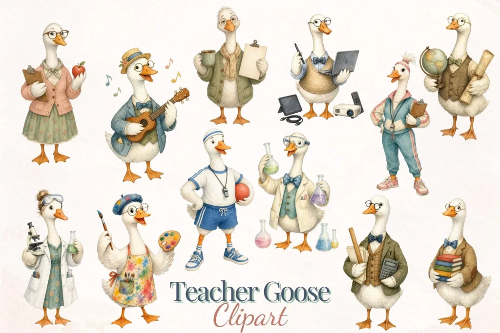 Teacher Goose Clipart Bundle, Funny School Classroom PNG for Teacher Appreciation Cliparts digital download preview by Cute & Co.