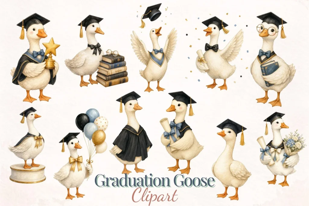 Graduation Goose Watercolor Clipart Bundle, Cap Diploma PNG for Party Crafts Cliparts digital download preview by Cute & Co.