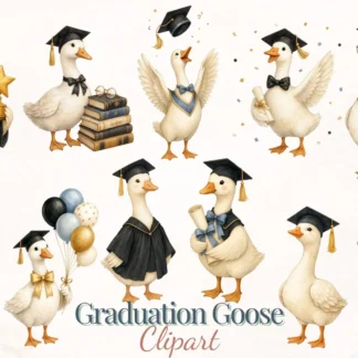 Graduation Goose Watercolor Clipart Bundle, Cap Diploma PNG for Party Crafts