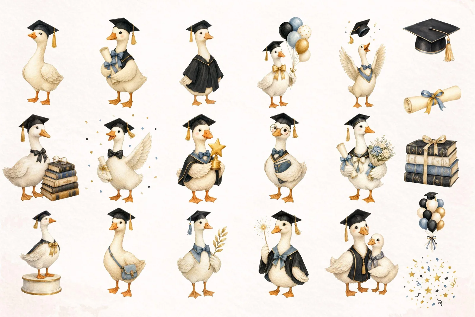 Graduation Goose Watercolor Clipart Bundle, Cap Diploma PNG for Party Crafts