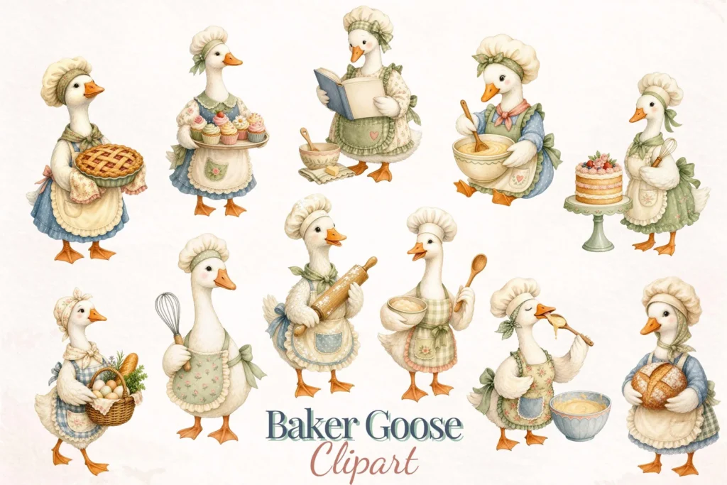 Baker Goose Watercolor Clipart Bundle, Cottage Kitchen Baking PNG for Crafts Cliparts digital download preview by Cute & Co.