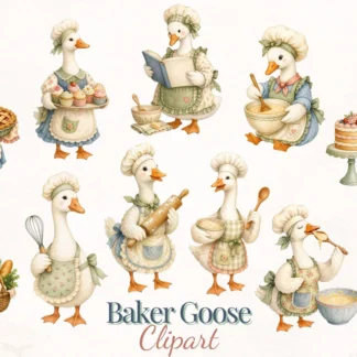 Baker Goose Watercolor Clipart Bundle, Cottage Kitchen Baking PNG for Crafts