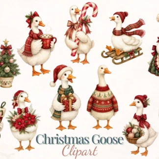 Christmas Goose Watercolor Clipart Bundle, Holiday Farmhouse PNG for Crafts