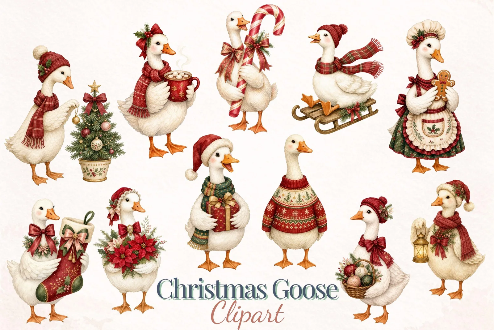 Christmas Goose Watercolor Clipart Bundle, Holiday Farmhouse PNG for Crafts Cliparts digital download preview by Cute & Co.