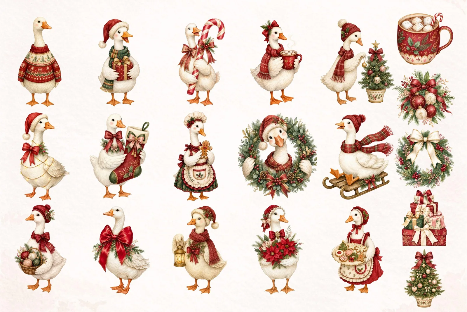 Christmas Goose Watercolor Clipart Bundle, Holiday Farmhouse PNG for Crafts