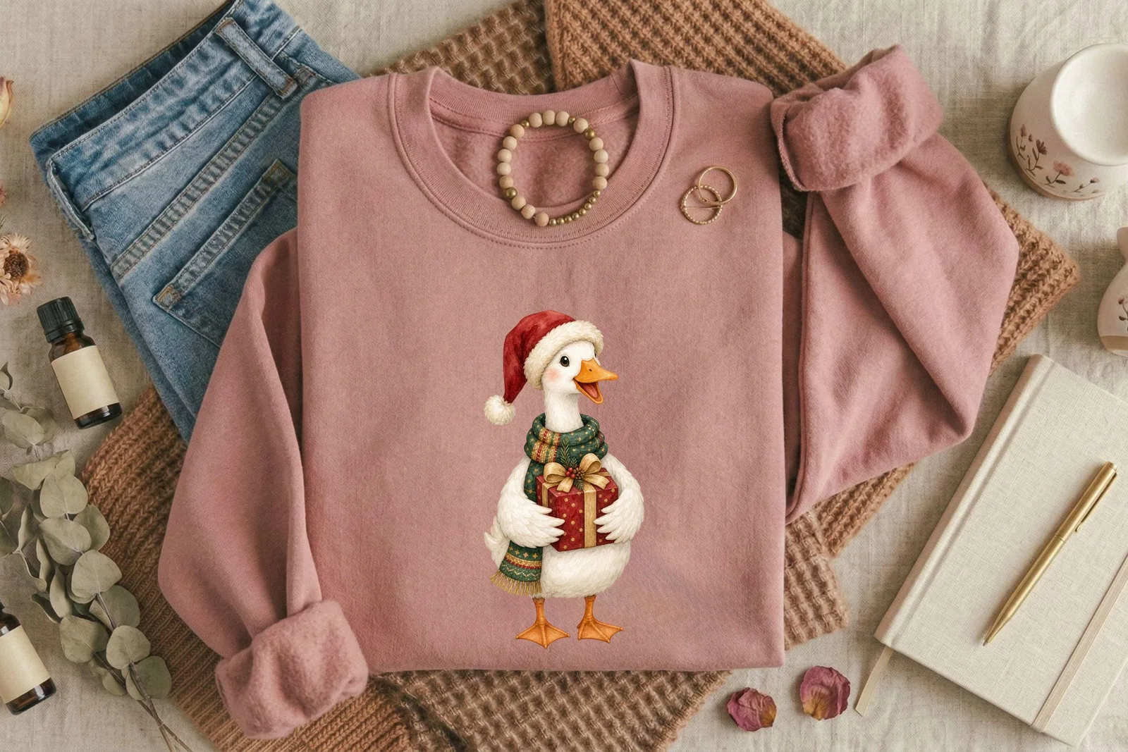 Christmas Goose Watercolor Clipart Bundle, Holiday Farmhouse PNG for Crafts