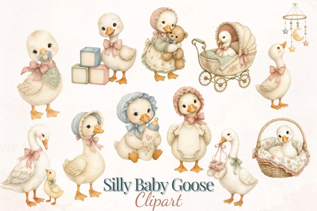 Baby Shower Goose Watercolor Clipart Bundle, Nursery Duckling PNG for Invitations Cliparts digital download preview by Cute & Co.