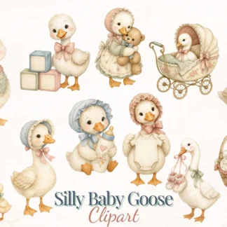 Baby Shower Goose Watercolor Clipart Bundle, Nursery Duckling PNG for Invitations
