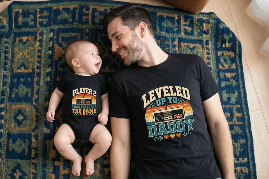 Leveled Up Daddy Player 2 PNG, Father's Day Father Son Gamer Shirt Design Cliparts digital download preview by Cute & Co.
