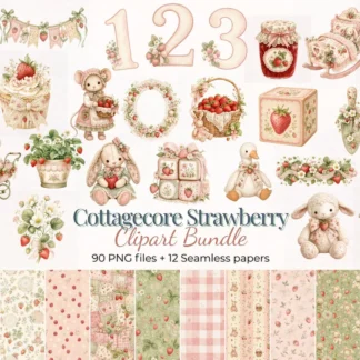 Cottagecore Strawberry Clipart Bundle, Nursery Birthday PNG and Seamless Papers