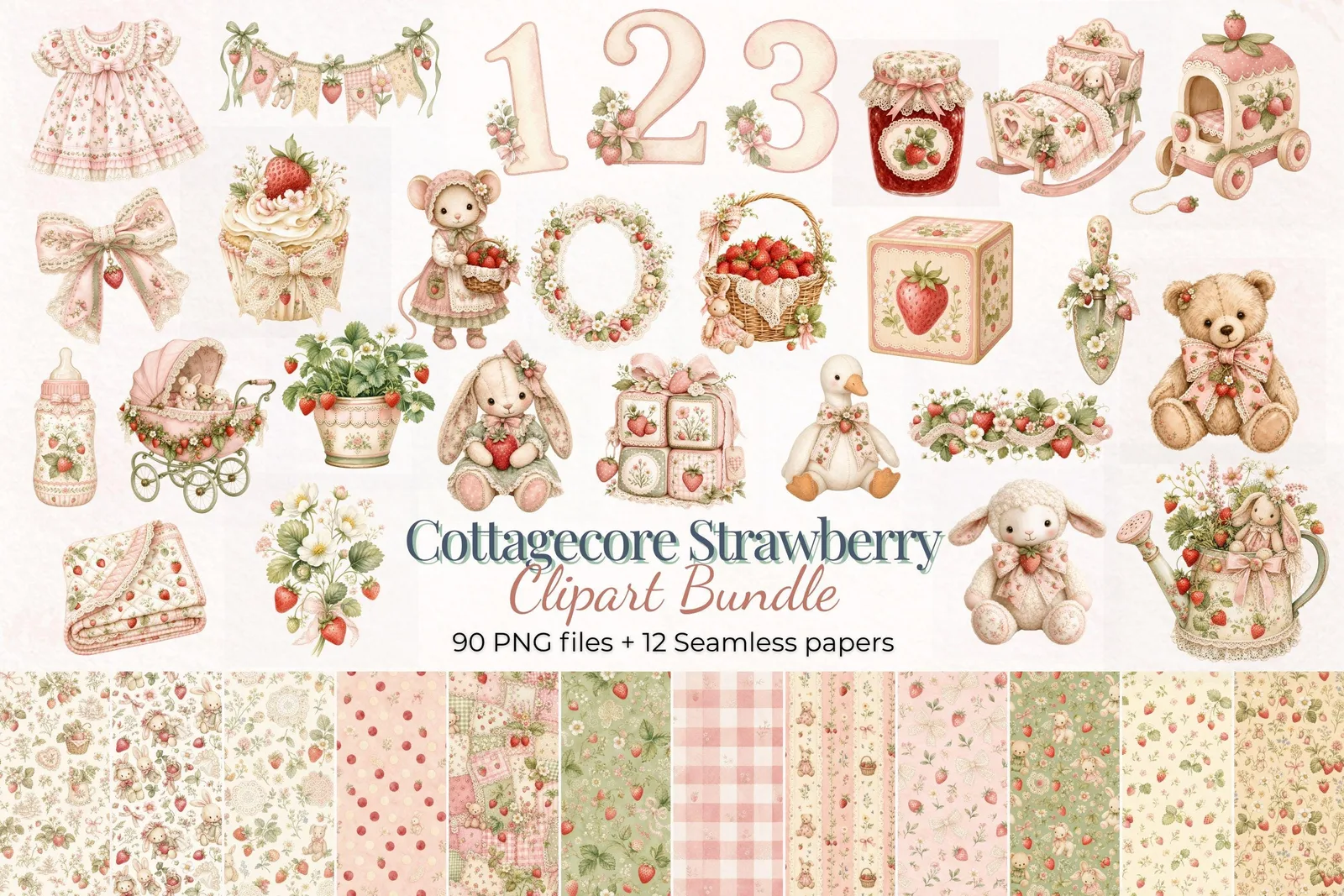 Cottagecore Strawberry Clipart Bundle, Nursery Birthday PNG and Seamless Papers Cliparts digital download preview by Cute & Co.