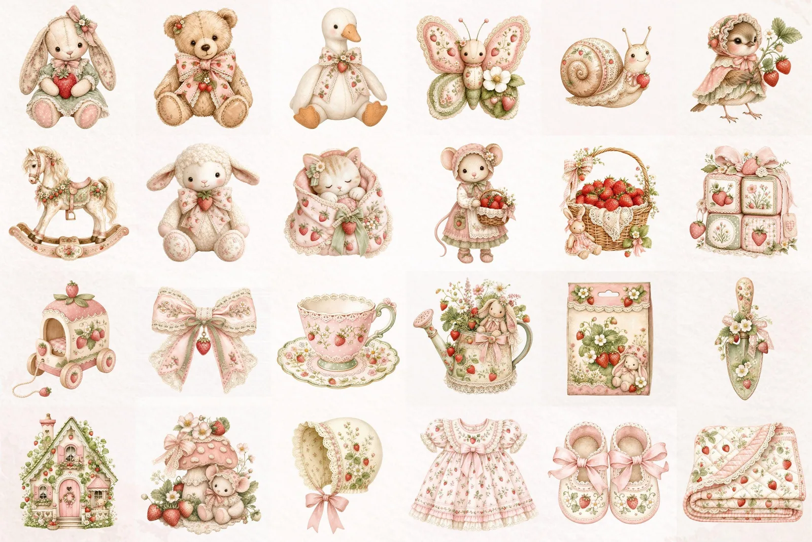 Cottagecore Strawberry Clipart Bundle, Nursery Birthday PNG and Seamless Papers