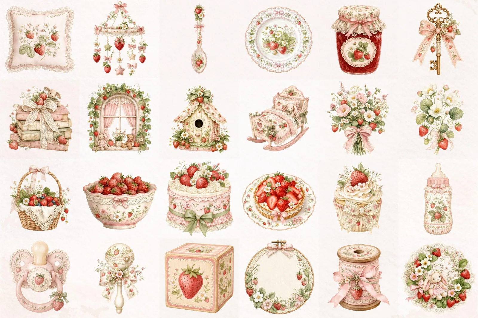 Cottagecore Strawberry Clipart Bundle, Nursery Birthday PNG and Seamless Papers