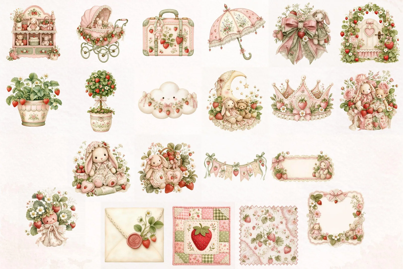 Cottagecore Strawberry Clipart Bundle, Nursery Birthday PNG and Seamless Papers