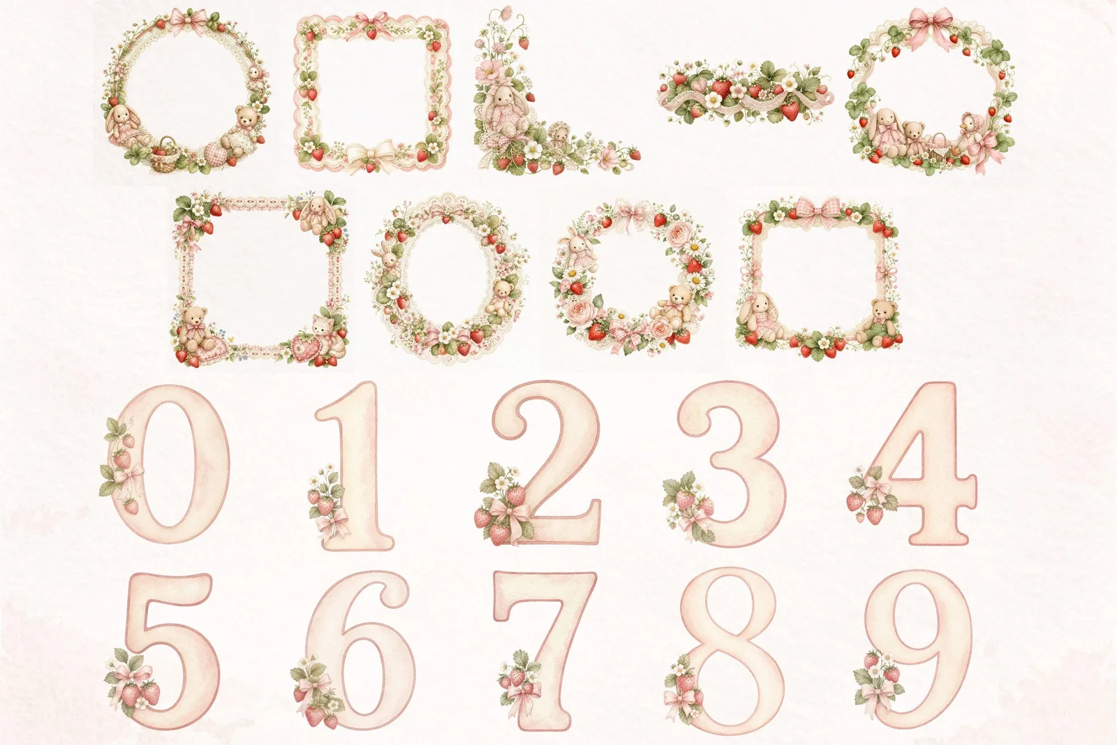 Cottagecore Strawberry Clipart Bundle, Nursery Birthday PNG and Seamless Papers