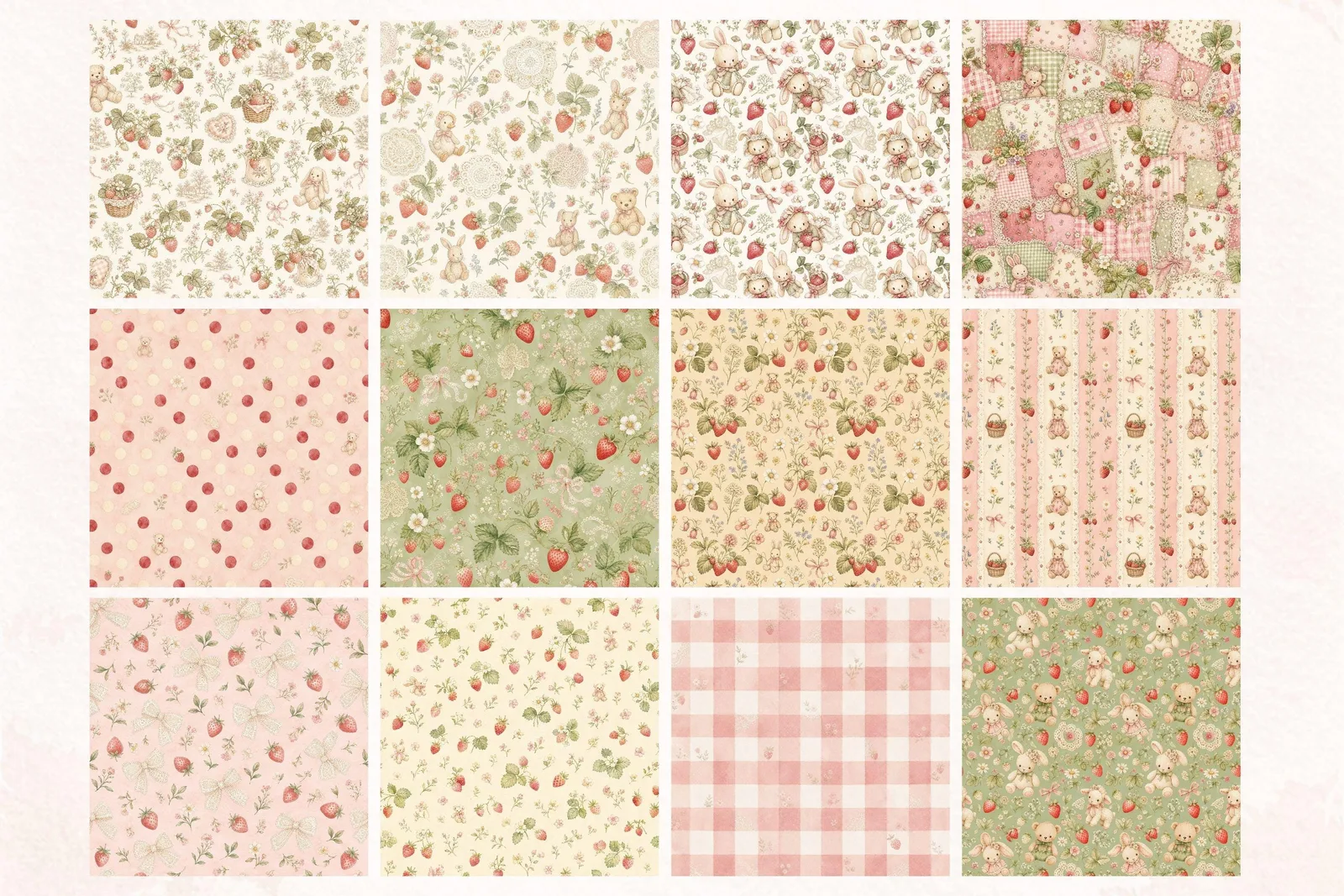 Cottagecore Strawberry Clipart Bundle, Nursery Birthday PNG and Seamless Papers