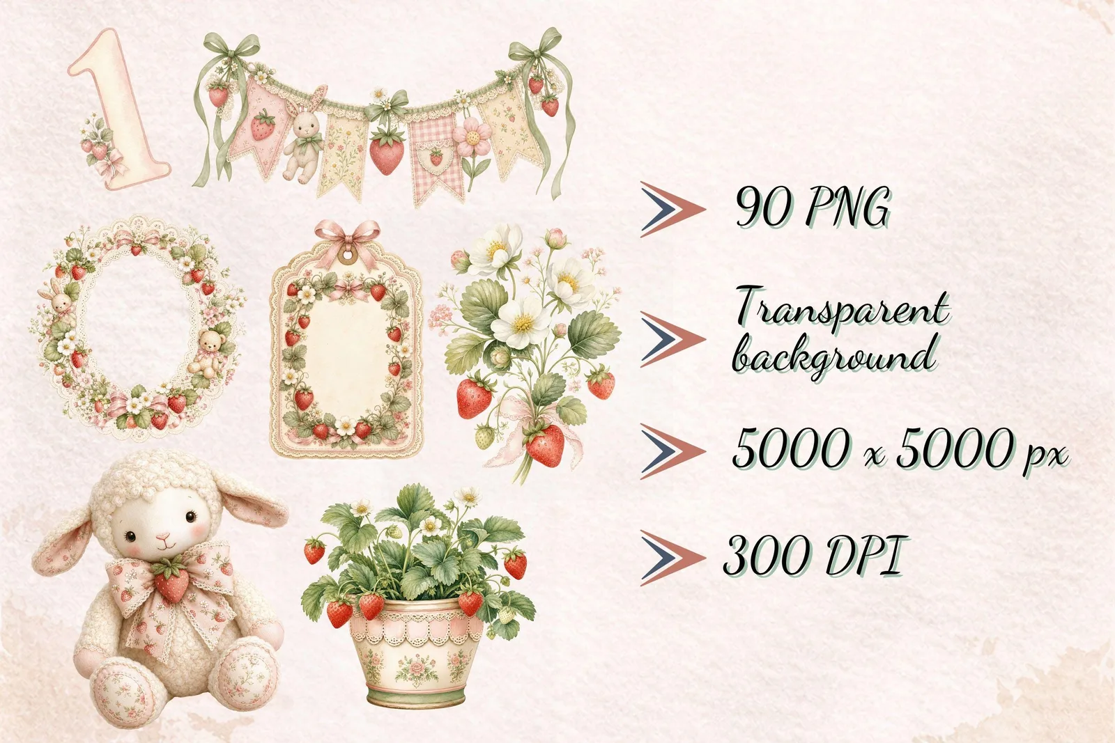 Cottagecore Strawberry Clipart Bundle, Nursery Birthday PNG and Seamless Papers