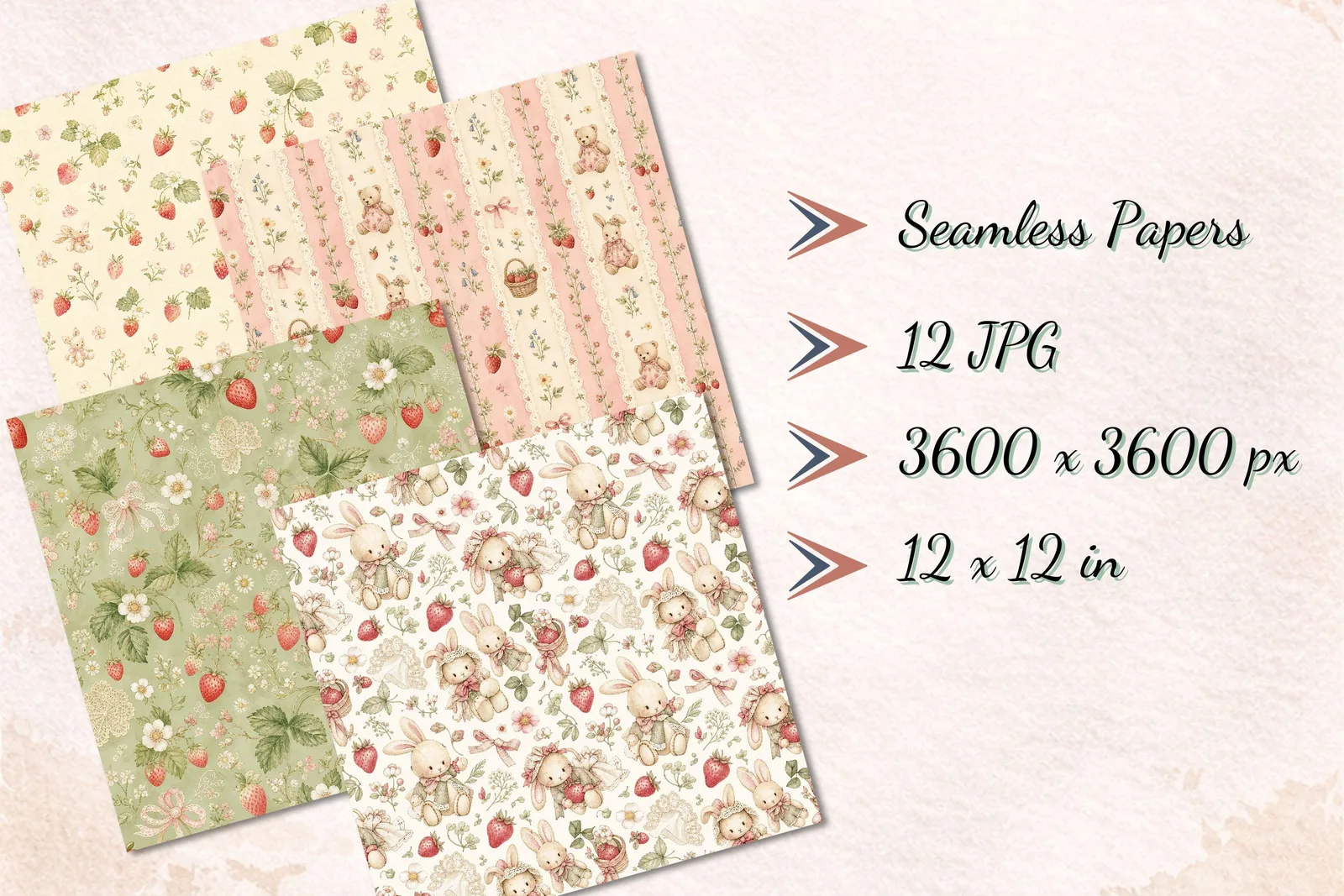 Cottagecore Strawberry Clipart Bundle, Nursery Birthday PNG and Seamless Papers
