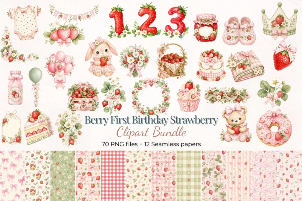 Berry First Birthday Strawberry Clipart Bundle, Numbers and Seamless Papers Cliparts digital download preview by Cute & Co.