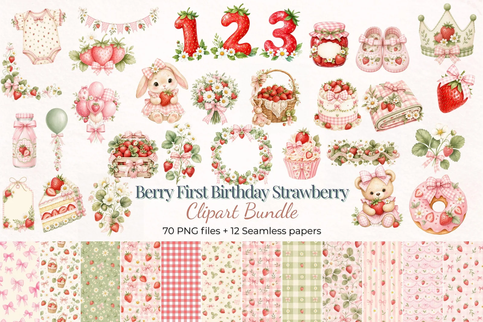 Berry First Birthday Strawberry Clipart Bundle, Numbers and Seamless Papers Cliparts digital download preview by Cute & Co.