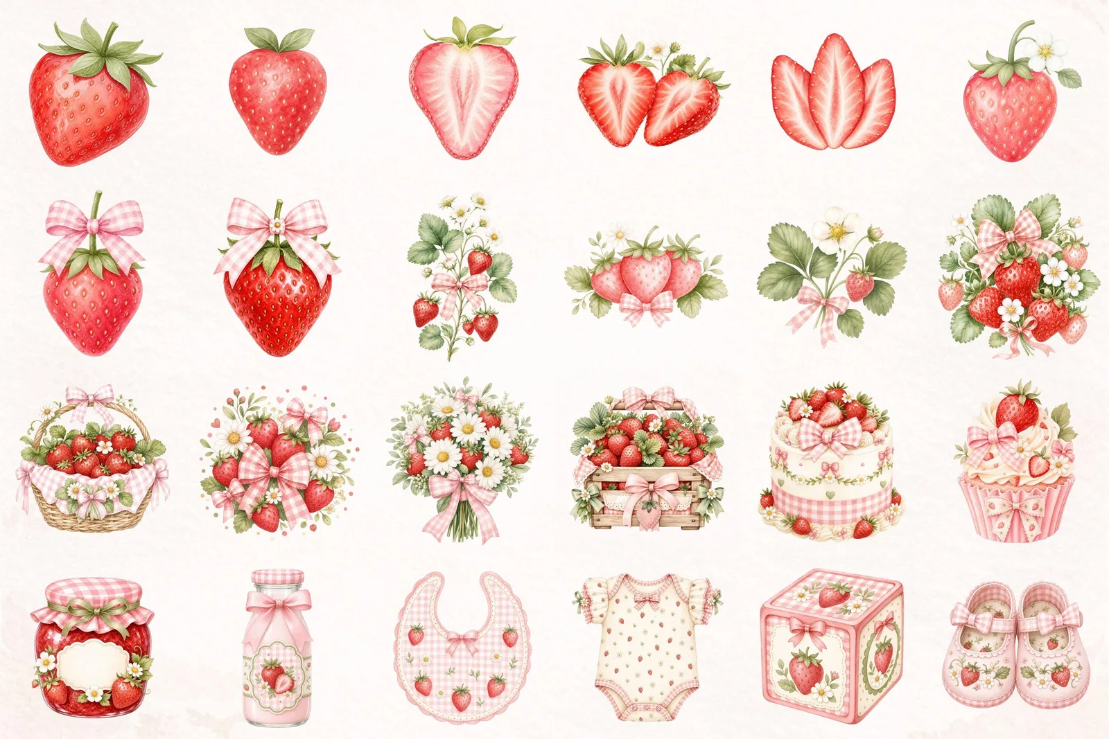Berry First Birthday Strawberry Clipart Bundle, Numbers and Seamless Papers